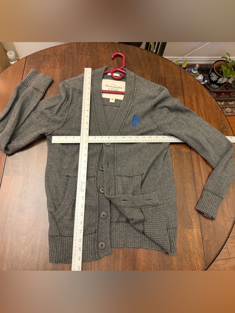 Abercrombie & Fitch Men's Charcoal Gray Button-Up Cardigan with Blue Logo